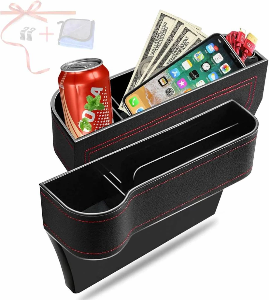 Jiaji 2 Pack Car Seat Gap Filler Organizer with Cup Holders, Seat Hooks & Storage for Phone, Sunglasses – Multifunctional Auto Console Side Organizer