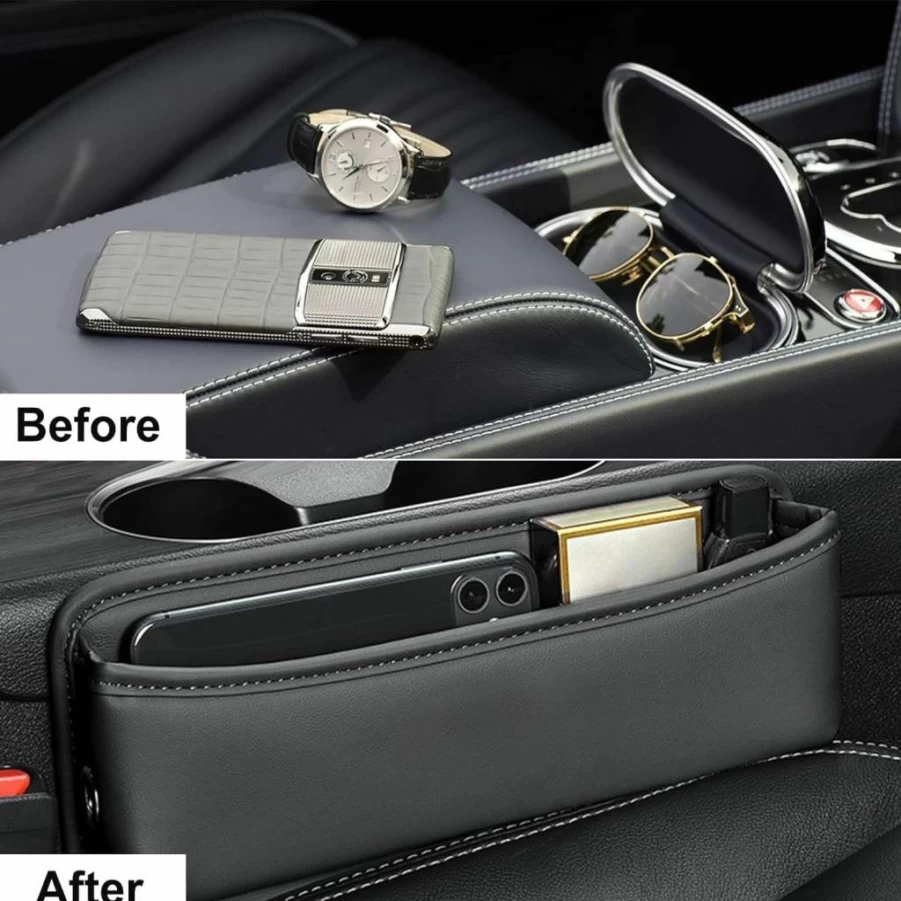 BEENLE 2 Pack Car Seat Gap Organizer - Adjustable Leather Storage Box for Phone, Keys, Cards, Glasses | Multifunctional Auto Accessory for Side Seat Gaps