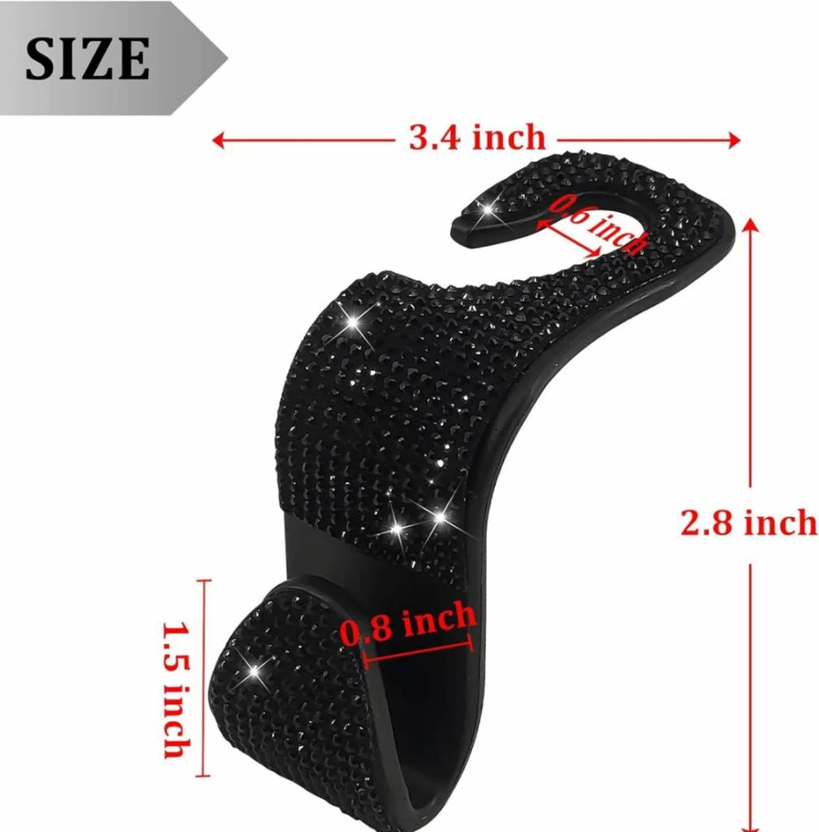 Dermasy 2 Pack Bling Rhinestone Car Hooks - Universal SUV & Truck Backseat Hanger for Storage, Durable Auto Seat Organizer, Crystal Decor (Black)