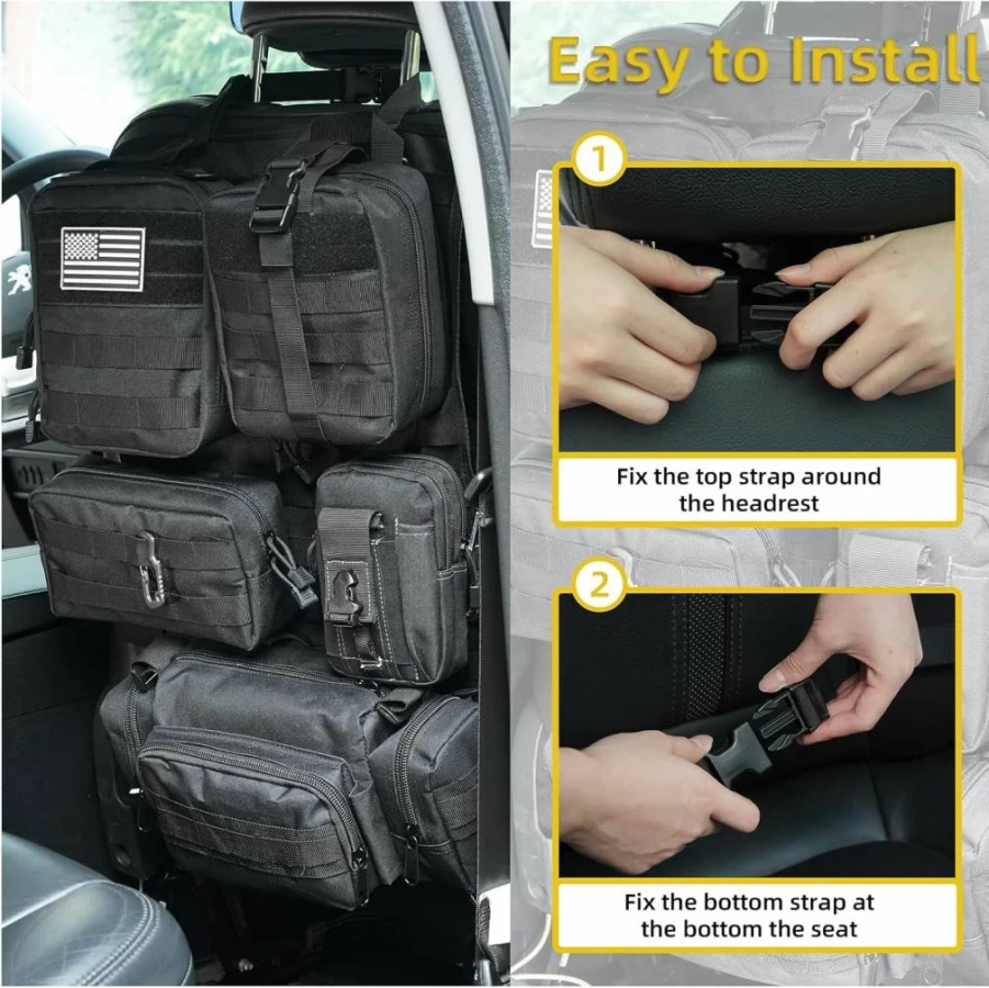 BIAOXMAW Tactical Car Seat Organizer with 6 Detachable MOLLE Pouches - Universal Fit for Car, Truck, Jeep (Black CP Camo)