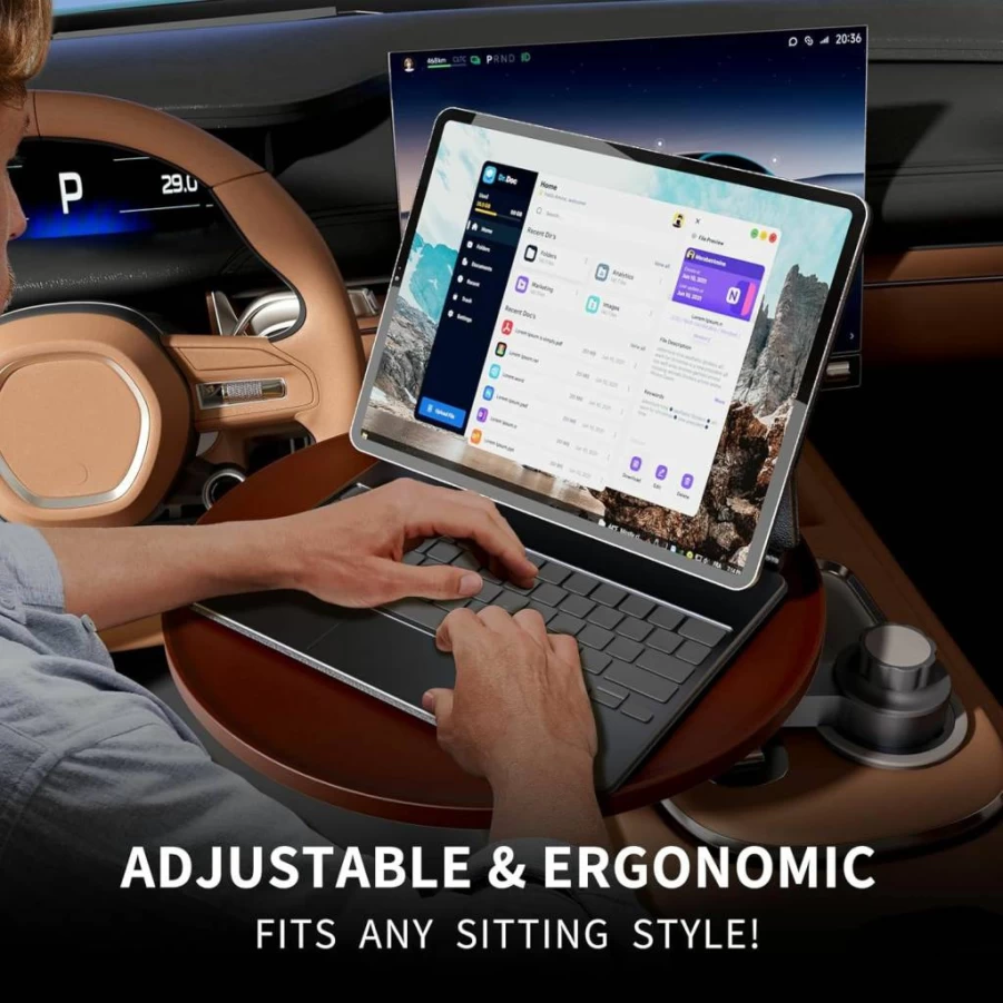 AXVLU 360° Rotating Car Steering Wheel Tray - Adjustable Wooden Laptop Desk & Cup Holder for Eating, Working, Writing - Fits Most Vehicle Round Cup Holders (Front/Back Seat Car Table)