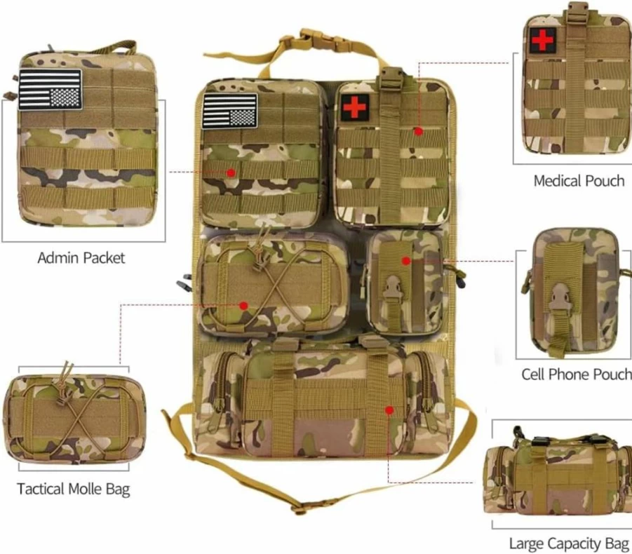 Banklif Universal Tactical Seat Organizer with 5 Detachable MOLLE Pouches for Jeep, Truck, SUV - Medical, Phone & Gear Storage