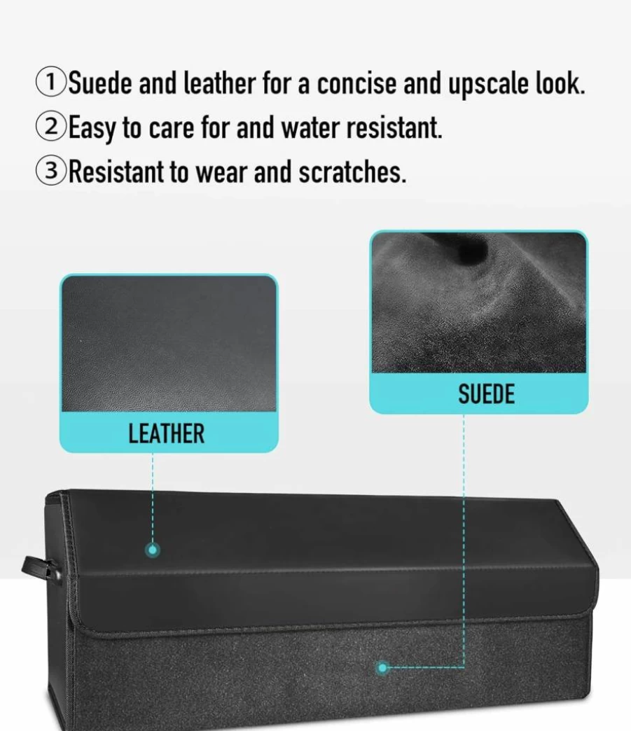 Fyzeoty Extra Large Collapsible Car Trunk Organizer with Magnetic Lid - Leather Storage Box for SUV, Sedan, Black (Model S004)
