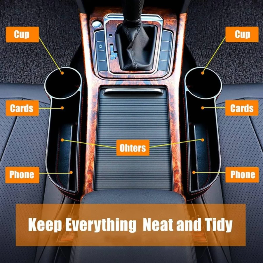 Coforder Premium PU Leather Car Seat Gap Organizer - 2-Side Storage Box with Cup Holders for Interior Essentials