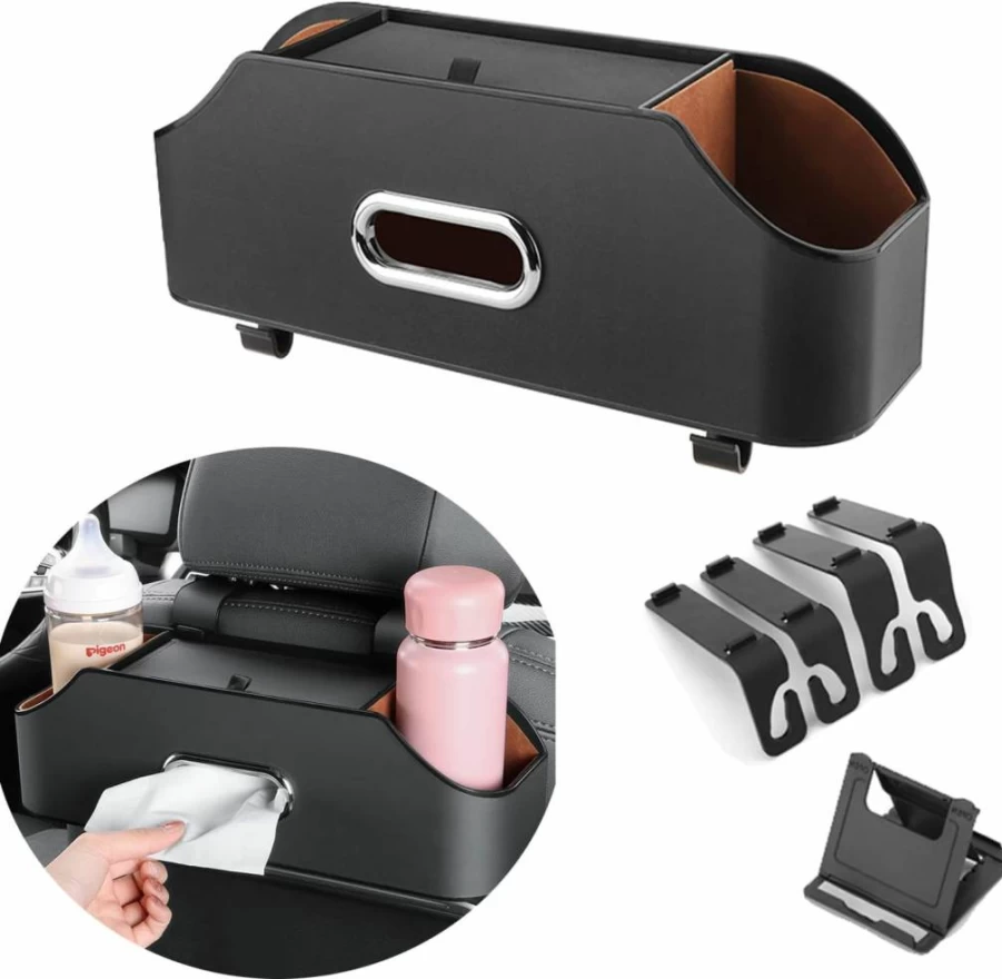 WedFeir Car Back Seat Organizer - 2 Cup Holders, Tissue Box Storage & Phone Pocket - Multi-Functional Hanging Organizer for Kids Toys & Travel Accessories (Black)