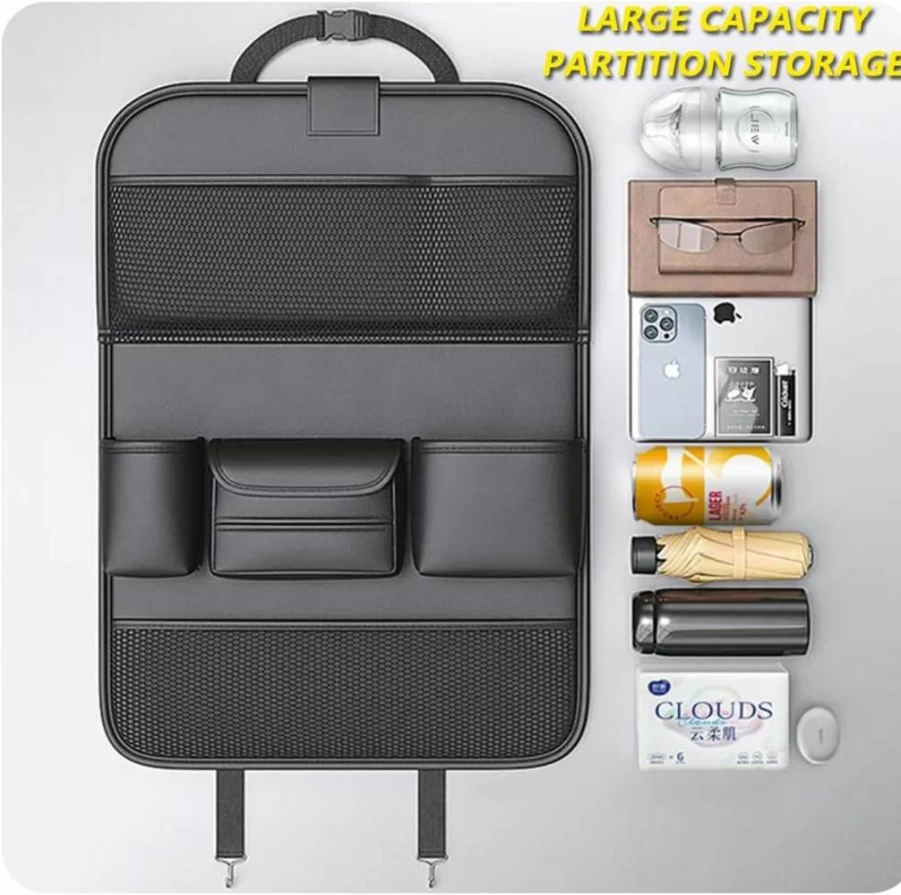 Tumecos Car Seat Back Organizer – Multifunctional Hanging Storage Bag with Tissue Box Holder, Kick Mat Protector, Large Capacity for Backseat (Style A)