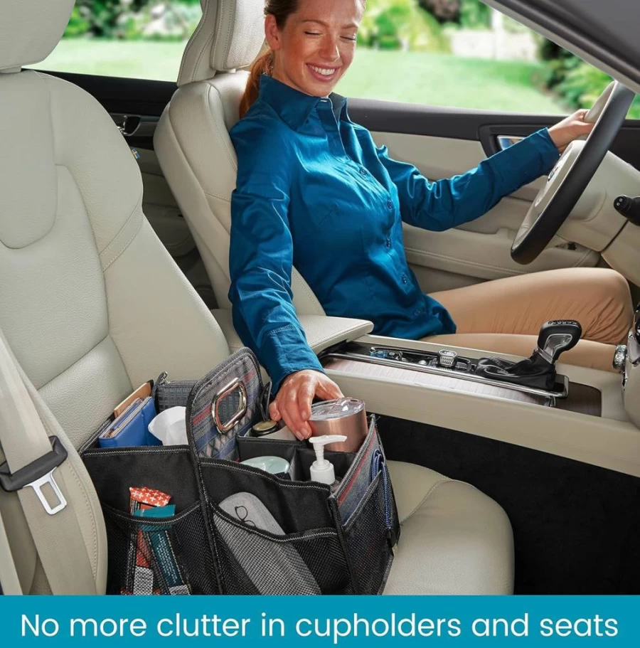 High Road Car Seat Organizer with Cup Holders - Portable Front & Middle Seat Storage Caddy for Drivers & Kids - Easy Carry Handle Auto Accessory