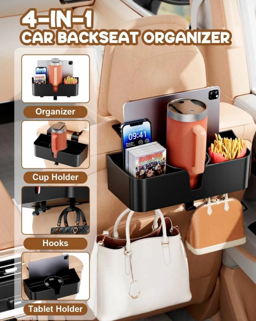 Gileolant 4-in-1 Car Headrest Organizer with Cup Holders, Large Storage Backseat Organizer with Tablet Pocket & 3 Hooks, Durable Travel Accessories for Cars (2-Pack)