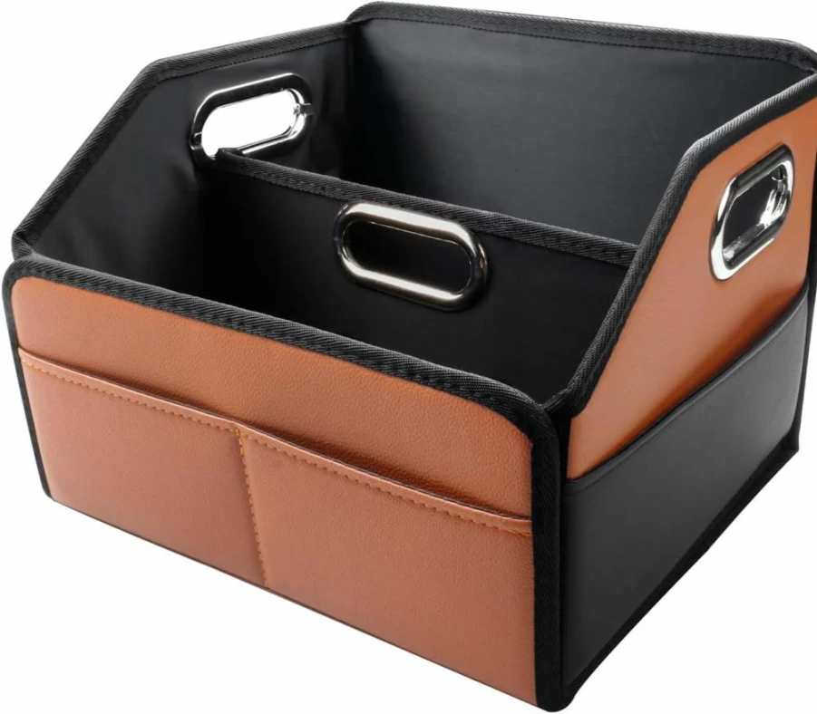 Noaman Leather Car Seat Organizer with 6 Storage Pockets & 3 Handles - Universal Front & Back Seat Organizer for Kids & Adults, Multipurpose Auto Storage in Brown & Black