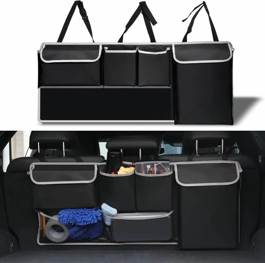 UYYE Car Trunk Organizer with 4 Pockets & 2 Mesh Pouches - Backseat Storage Bag for SUV, Jeep, MPVs - Expandable Auto Accessories for Groceries & More