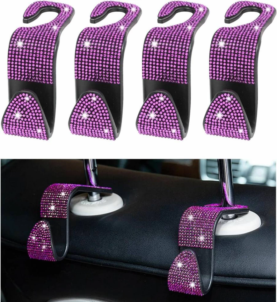 Augeny 2 Pcs Purple Rhinestone Car Seat Hooks, Universal Backseat Hanging Organizer for Purses, Bags & Accessories, Bling Vehicle Interior Decor for Women