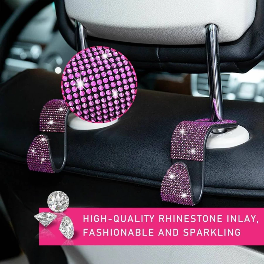 Augeny 2 Pcs Purple Rhinestone Car Seat Hooks, Universal Backseat Hanging Organizer for Purses, Bags & Accessories, Bling Vehicle Interior Decor for Women