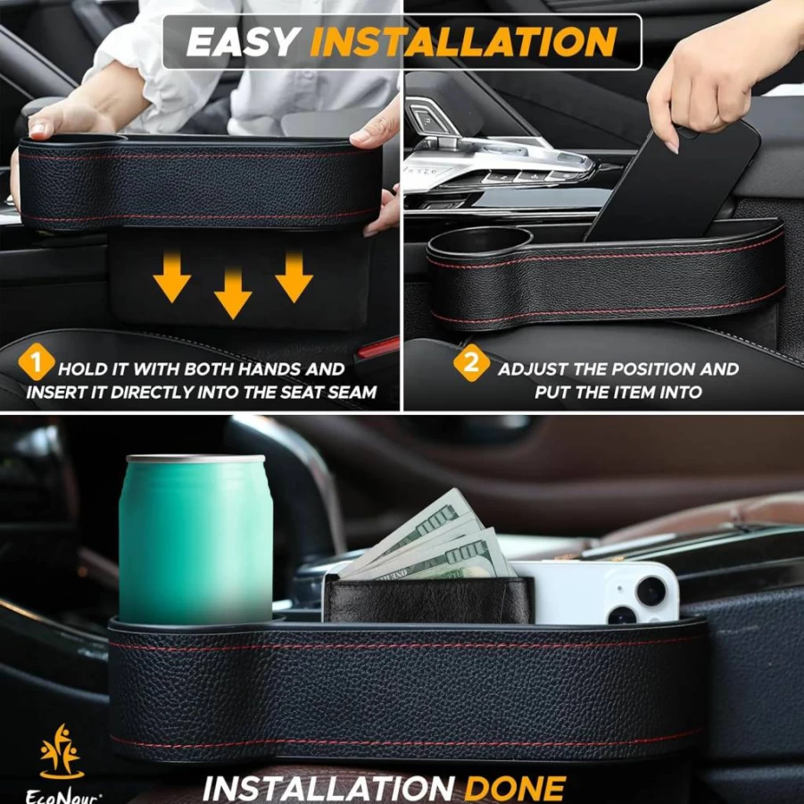 EcoNour Car Seat Gap Organizer with Cup Holder & Phone Slot - 25.4x15.2cm Auto Console Storage for Drinks, Cards & Accessories - Includes 2 Headrest Hooks for Secure Travel Use