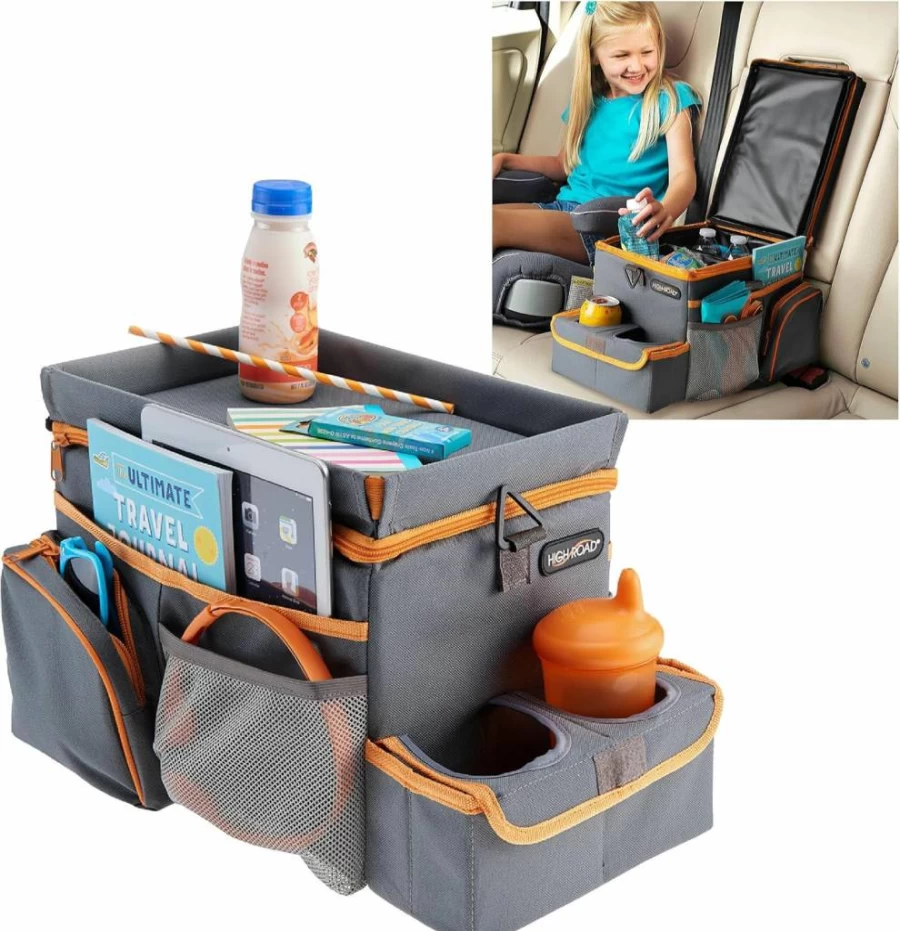 High Road Car Backseat Organizer with Cooler, Cup Holders & Snack Tray - 16"L Gray Car Seat Organizer for Kids, Pets or Passengers