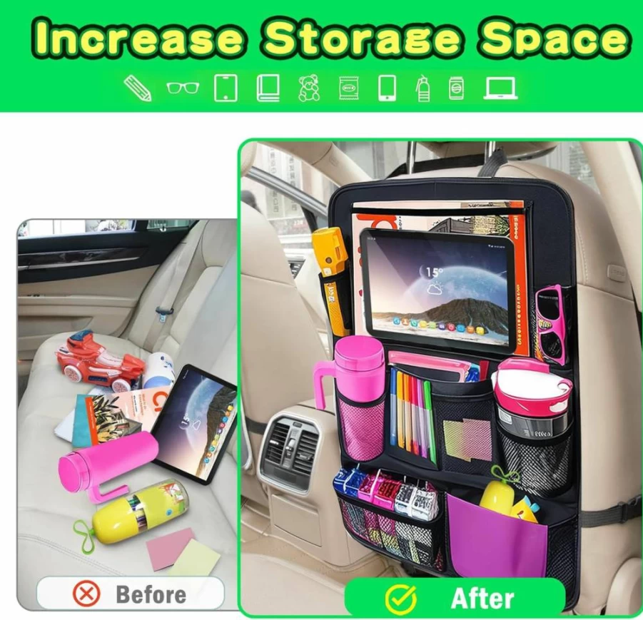 AXELECT 2 Pack Car Back Seat Organizer with Tablet Holder, 10 Storage Pockets Kick Mats for Kids, Waterproof Seat Protector, Travel Accessories for Family Road Trips